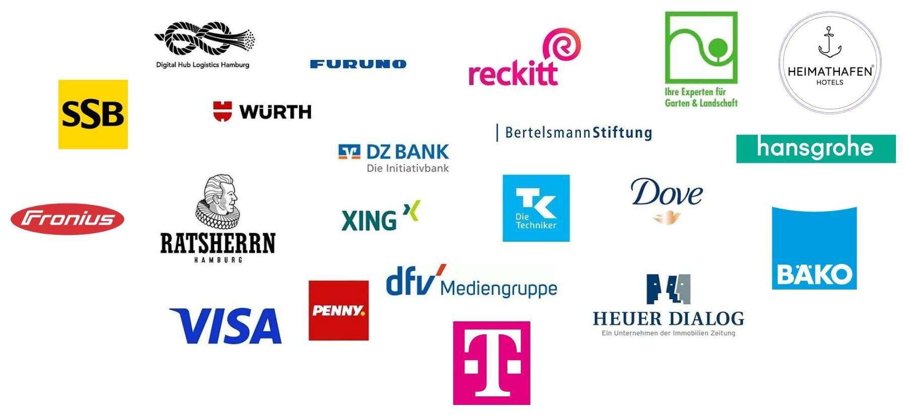 Logos von Kund:innen: SSB, Digital Hub Logistics Hamburg, FURUNO, Würth, DZ BANK, Reckitt, Bertelsmann Stiftung, Experten für Garten & Landschaft, Heimathafen Hotels, hansgrohe, Fronius, Ratsherrn Hamburg, XING, Techniker Krankenkasse, Dove, BÄKO, VISA, PENNY, dfv Mediengruppe, Heuer Dialog, Telekom